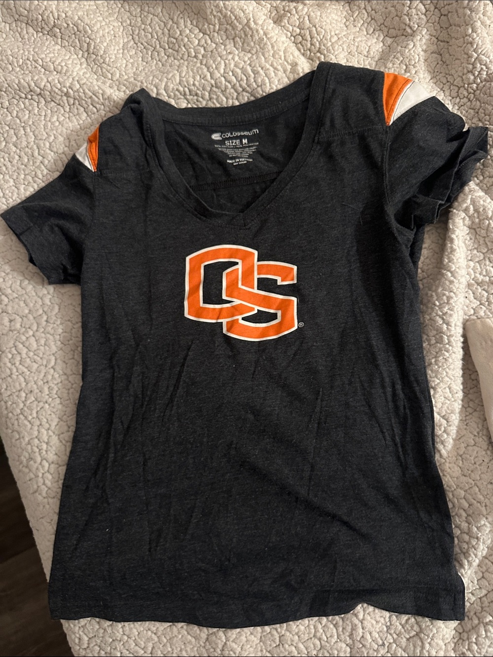 Oregon state football Women's heather grey V-Neck Tee with Orange OS Logo